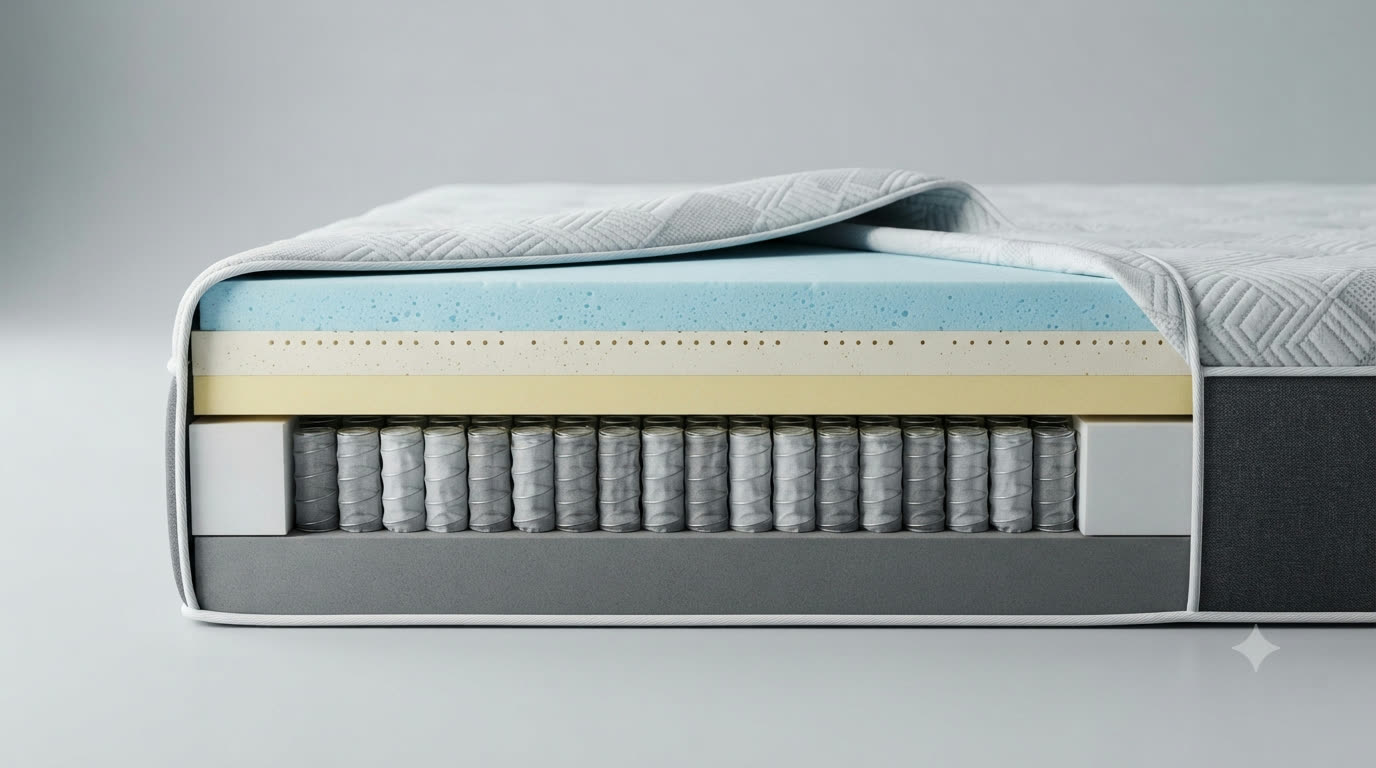 Cutaway of a hybrid mattress showing foam comfort layers over a pocketed coil support core